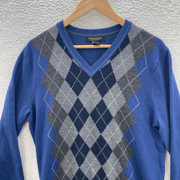 Banana Republic Sweater Mens Medium Blue Gray Merino Wool Argyle Preppy Office - Picture 3 of 7